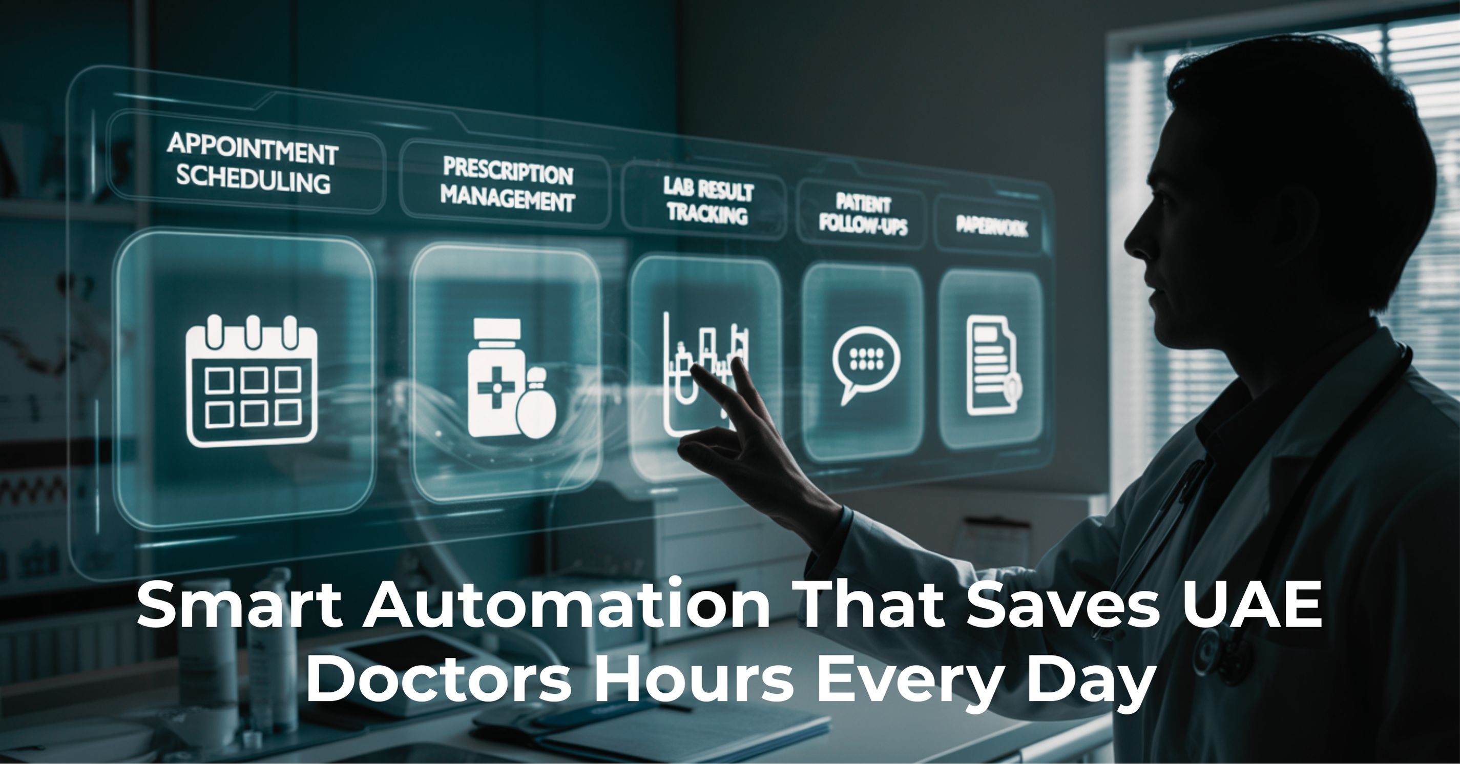A UAE doctor using a digital interface to automate appointment scheduling, prescription management, and lab tracking.