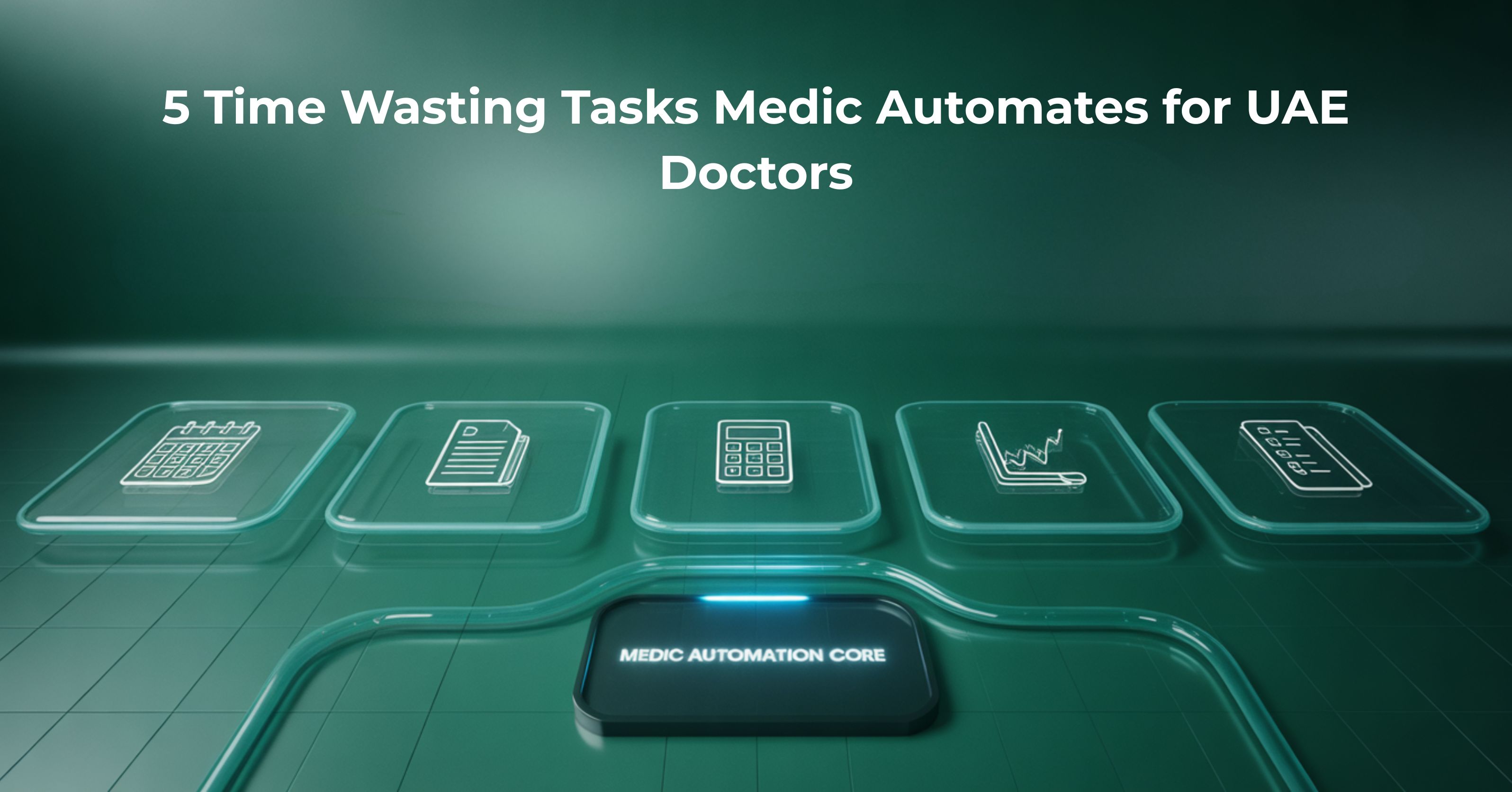 3D graphic showing the Medic Automation Core connecting billing, scheduling, and patient records for UAE clinics.